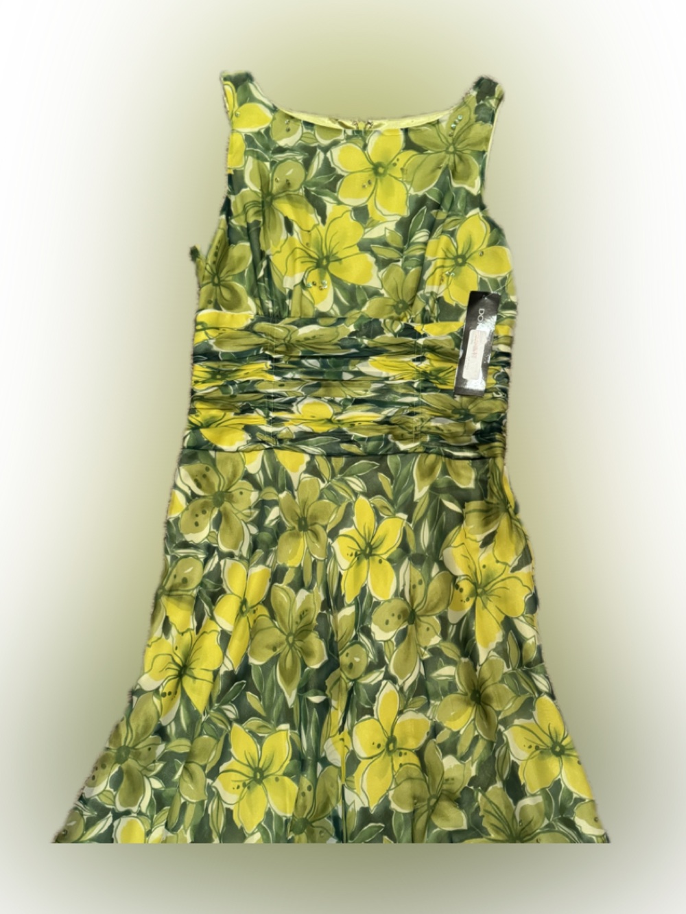 NWT Donna Morgan Sz 8 100% Silk Yellow Green Citrus Print Dress w/ Ruffle Hem